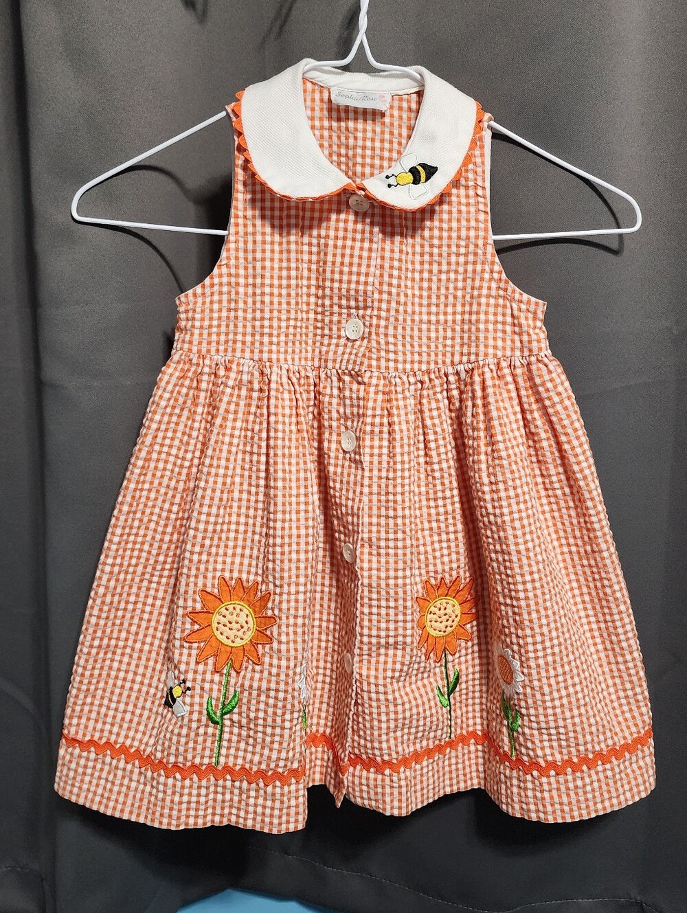 Sophie Rose Orange Gingham Sunflower Bee Dress Girls Size 4T Fall Thanksgiving